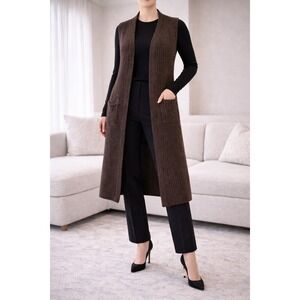 Ralph Lauren Purple Label Sleeveless Long Chunky Knit Cardigan Vest Brown M/L‎